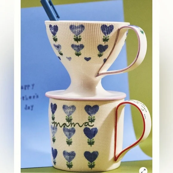 NWT Anthropologie Slow Drip Coffee Pour Over Mug Floral Heart Stoneware - Picture 4 of 7